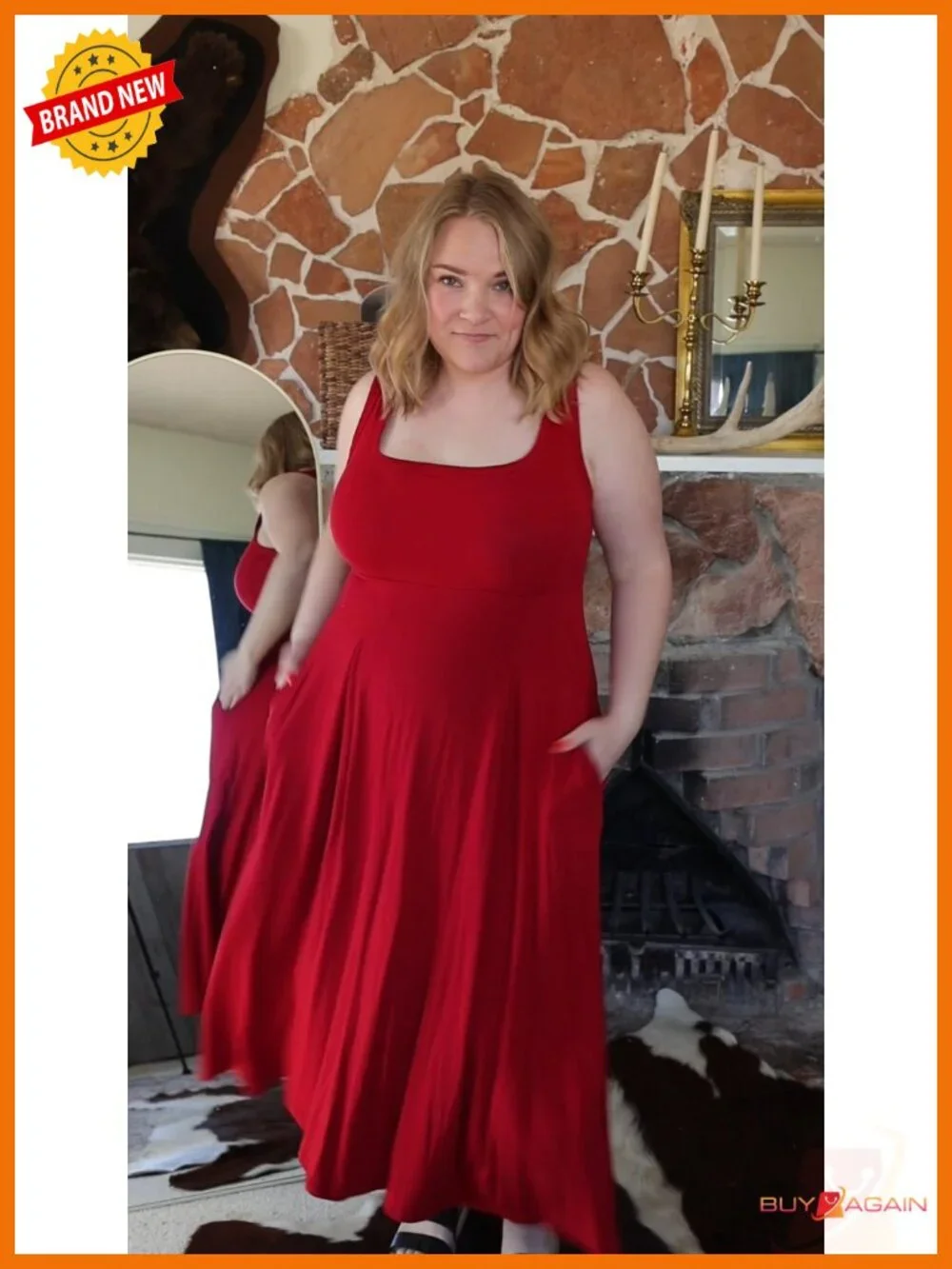 Sleeveless Maxi Dress Square Neck A-Line Pleated Flowy with Pockets